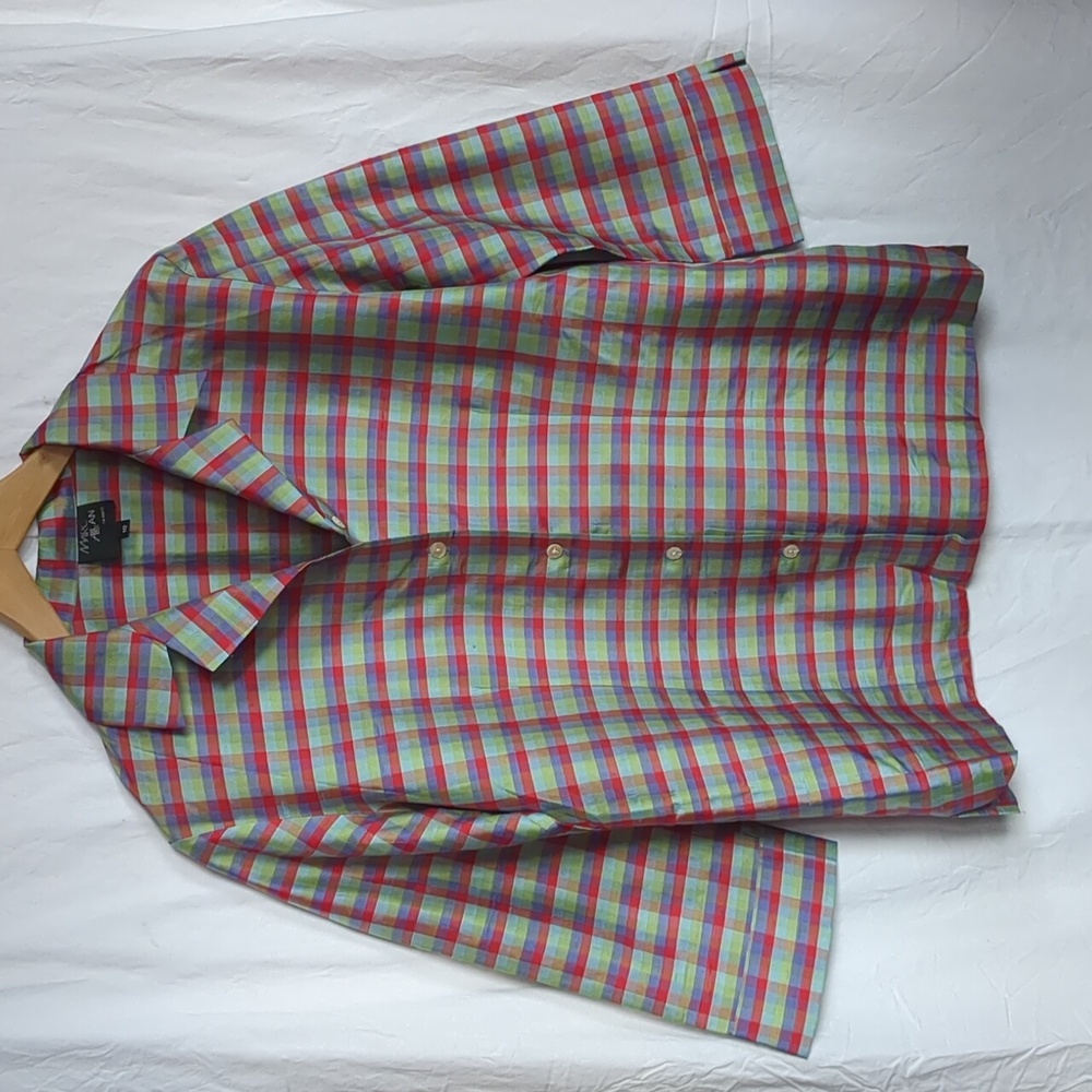Marc Allan blouse Red Blue Green plaid Silk size 10